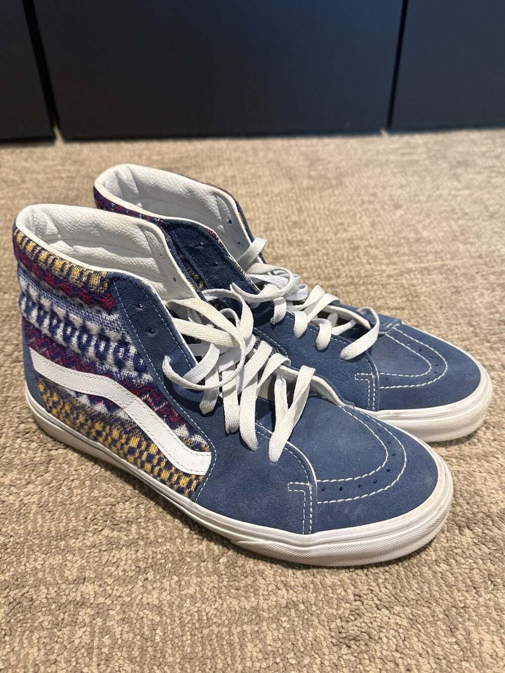 Vans Sk8-Hi Fair Isle Blue Suede and Patterned Canvas High Top Sneakers